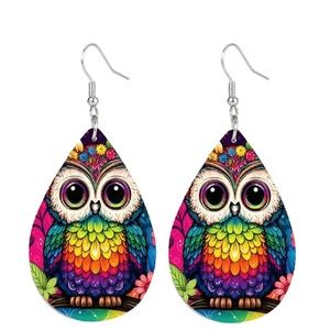 Leather Teardrop Colorful Owl Drop Earrings